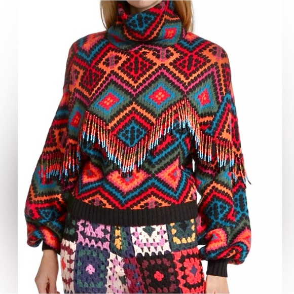 FARM RIO Rauti Turtleneck Sweater, Beaded Tassel Aztec Multi Colored Fringe, XS - Picture 1 of 7